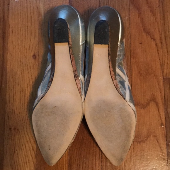 Silver unique wedges with tan, cork, and mesh accents - Picture 4 of 6